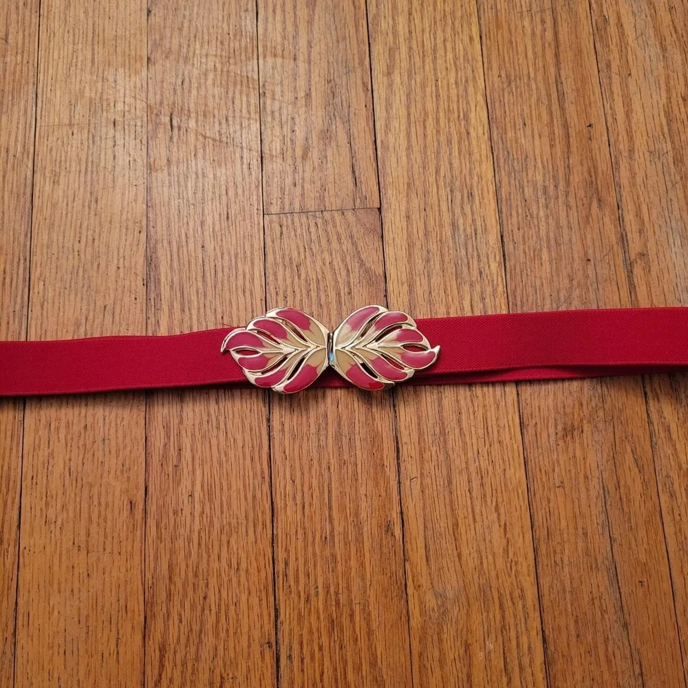 Square Dancing Cinch Belt Red‎ Flower Gold Enamel Elastic Vintage Retro Western